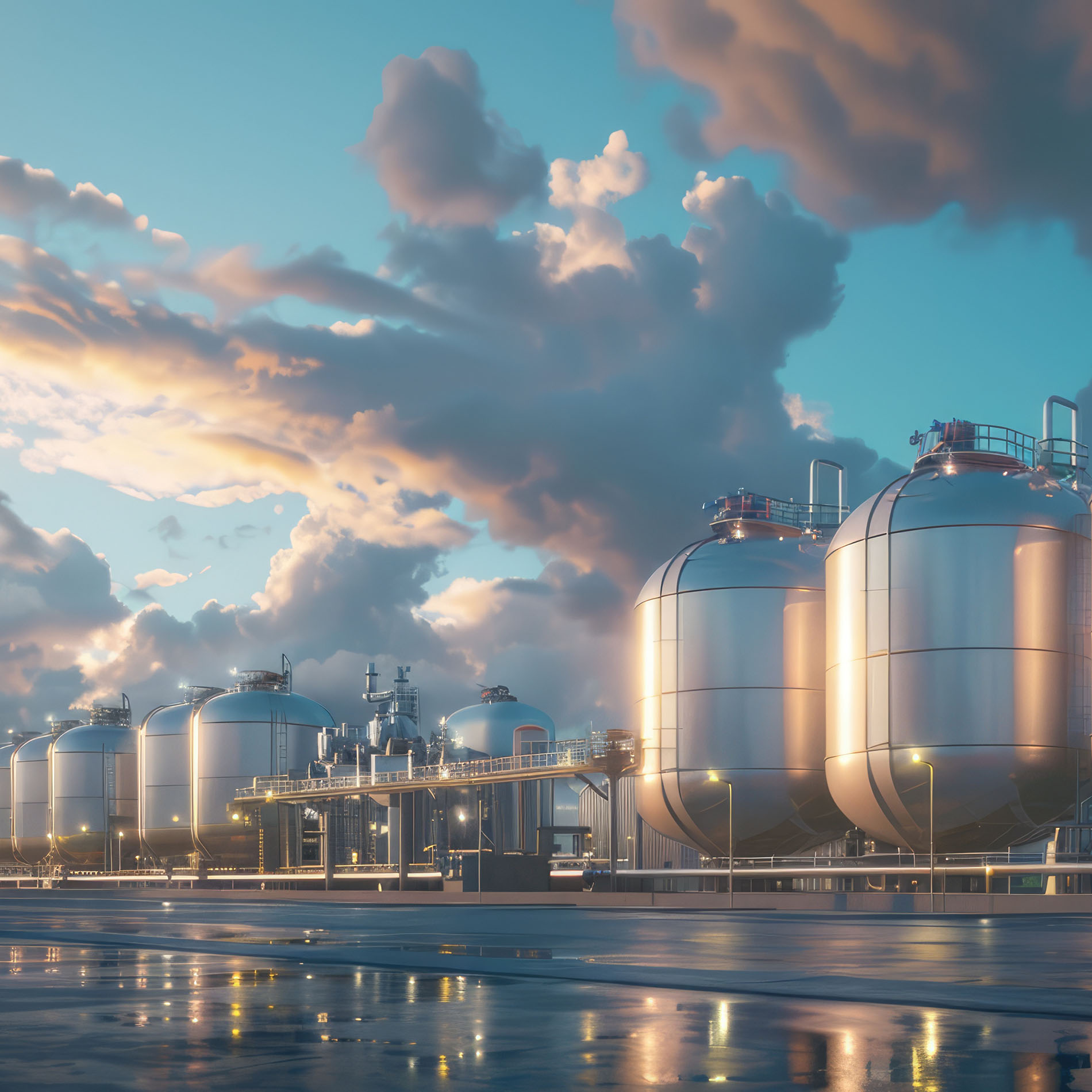 Wasserstoffkraftwerk, große Stahltanks und Rohre. Grüne erneuerbare Energieerzeugung, H2-Energiekonzept